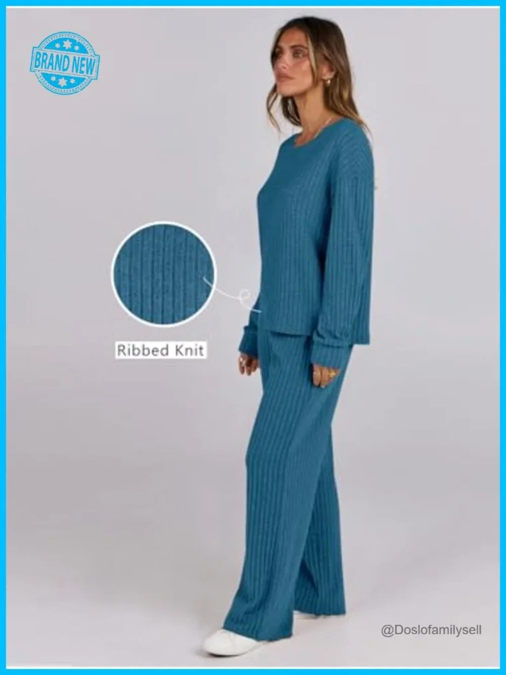 Women's Ribbed Knit Lounge Pajama Set Long Sleeve Top Pants Matching Set